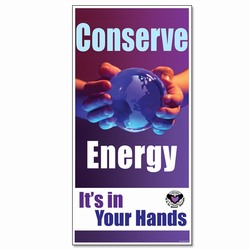 eban004 - Energy Conservation Banner, Leak prevention, air leak prevention, water leak prevention, air and water waste, high pressure air savings, energy conservation for manufacturing facilities