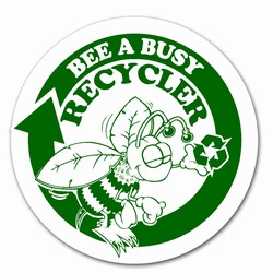 AI-prg004-06 - Bee a Busy Recycler 3"d Decal w/green imprint, Butt-cut Recycling Labels, Vinyl Recycling Decals, Vinyl Recycling Labels, Vinyl Recycling Stickers