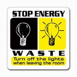 AI-prg008-03- Stop Energy Waste  3" Square Decal, Turn Me Off Decals‚ 1 Square Decals,Energy Conservation Stickers, Energy Stickers, Energy Savings Stickers, Butt-cut Energy Labels, Vinyl Energy Decals, Vinyl Energy Labels, Vinyl Energy Stickers