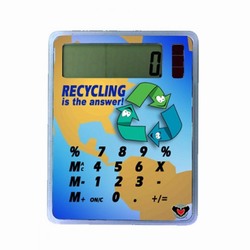 AI-prg012-04 - Happy Recycle Calculator Handout, Recycling Incentive, Recycling Promotional Ideas, Recycling Promo Gifts, Recycling Gifts for Tradeshows, recycling ad specialties